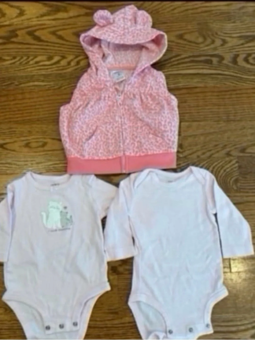 Carters baby girl pink lone sleeves onesie and pink leopard fleece vest- 3 month